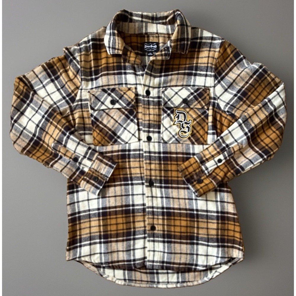 Dogg Supply Long Sleeve Button Up Shirt Brown Plaid Flannel Logo Large JBHS